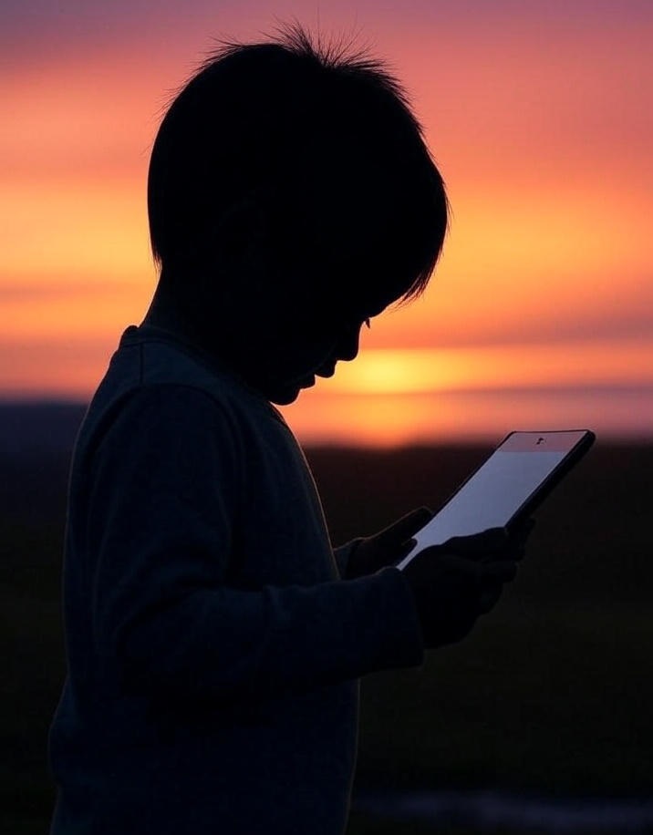 Silhouette of a child holding a tablet against a sunrise